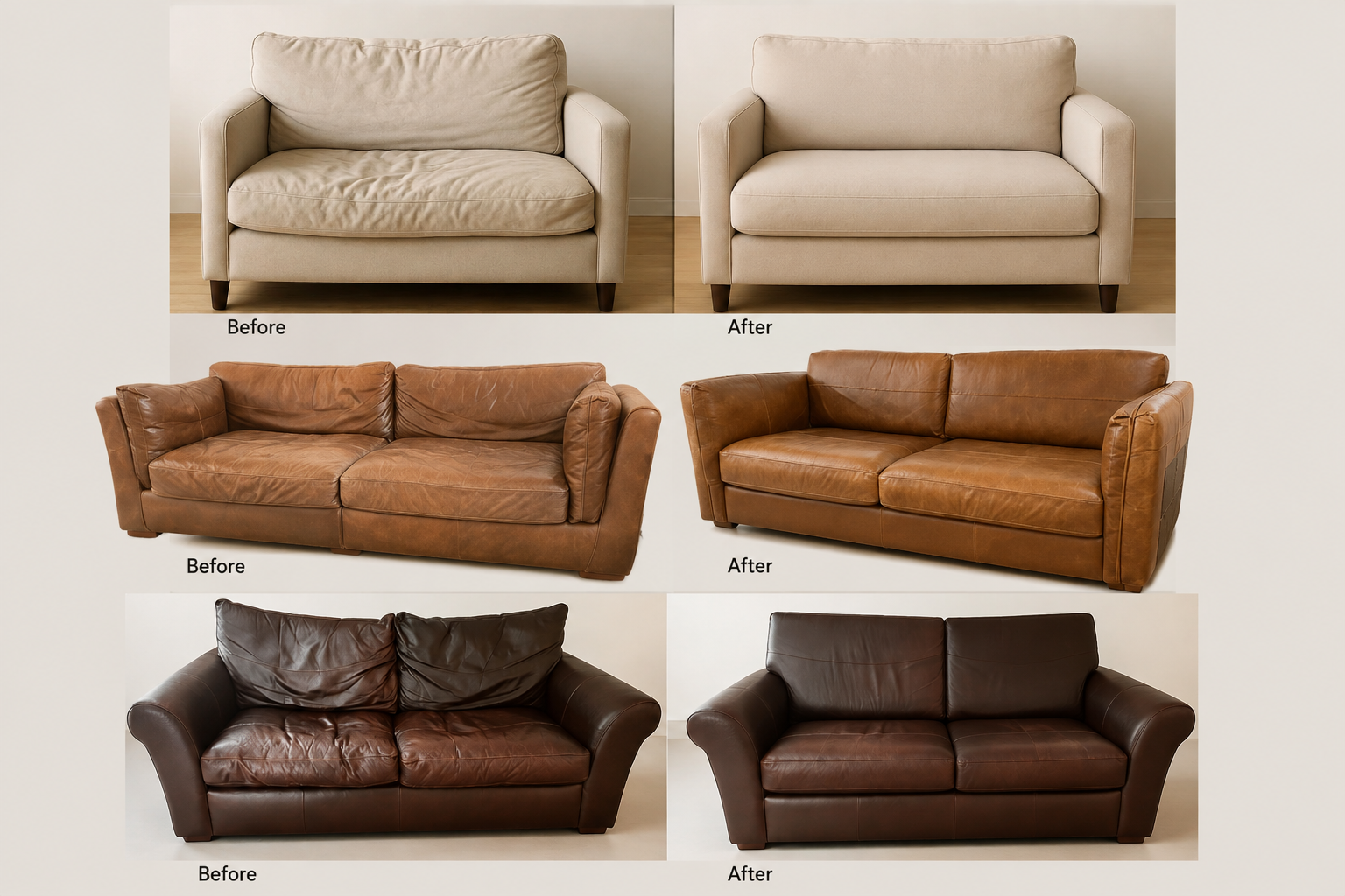Three examples showing sofa cushions before and after support restoration